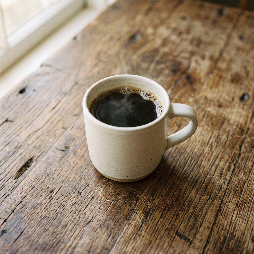 Plain ceramic mug of black coffee on a worn wooden surface, no styling