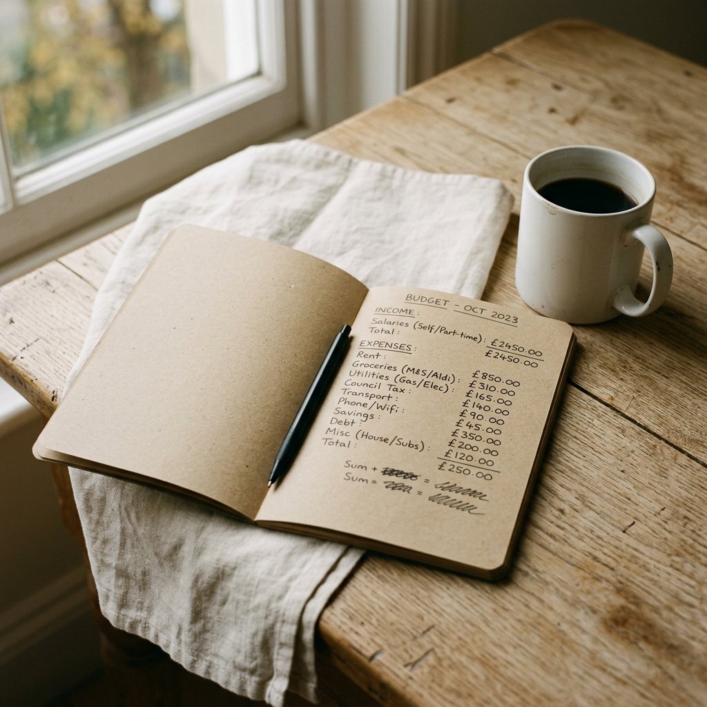 Open notebook on a worn wooden desk beside a plain white mug