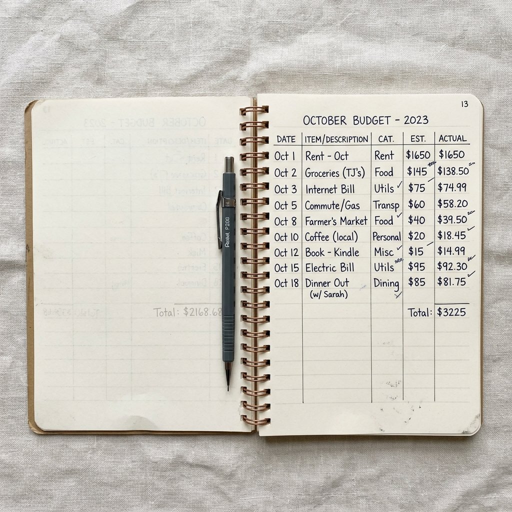 Open notebook on cream linen, handwritten budget notes, plain pen beside it